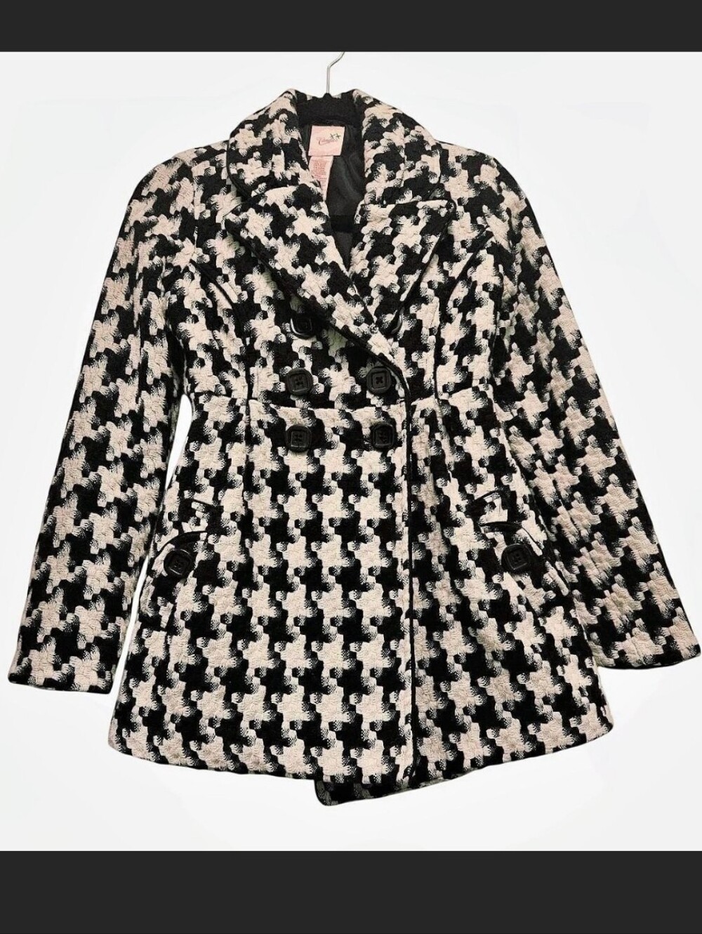 Candie's Black & White Houndstooth Double-Breasted Pea Coat